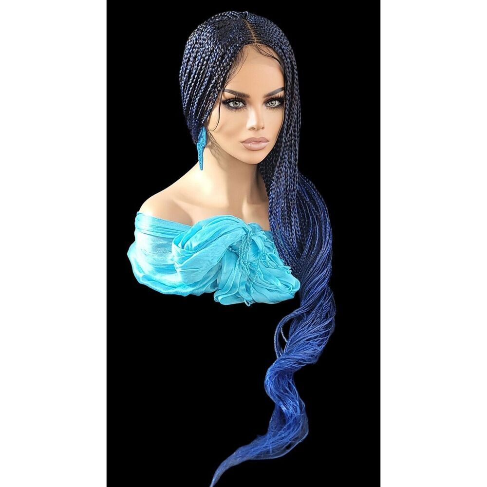 Handmade Braided Lace Wig, Knotless Box Braids Long Blue Ombre Wig NWT - Picture 15 of 15